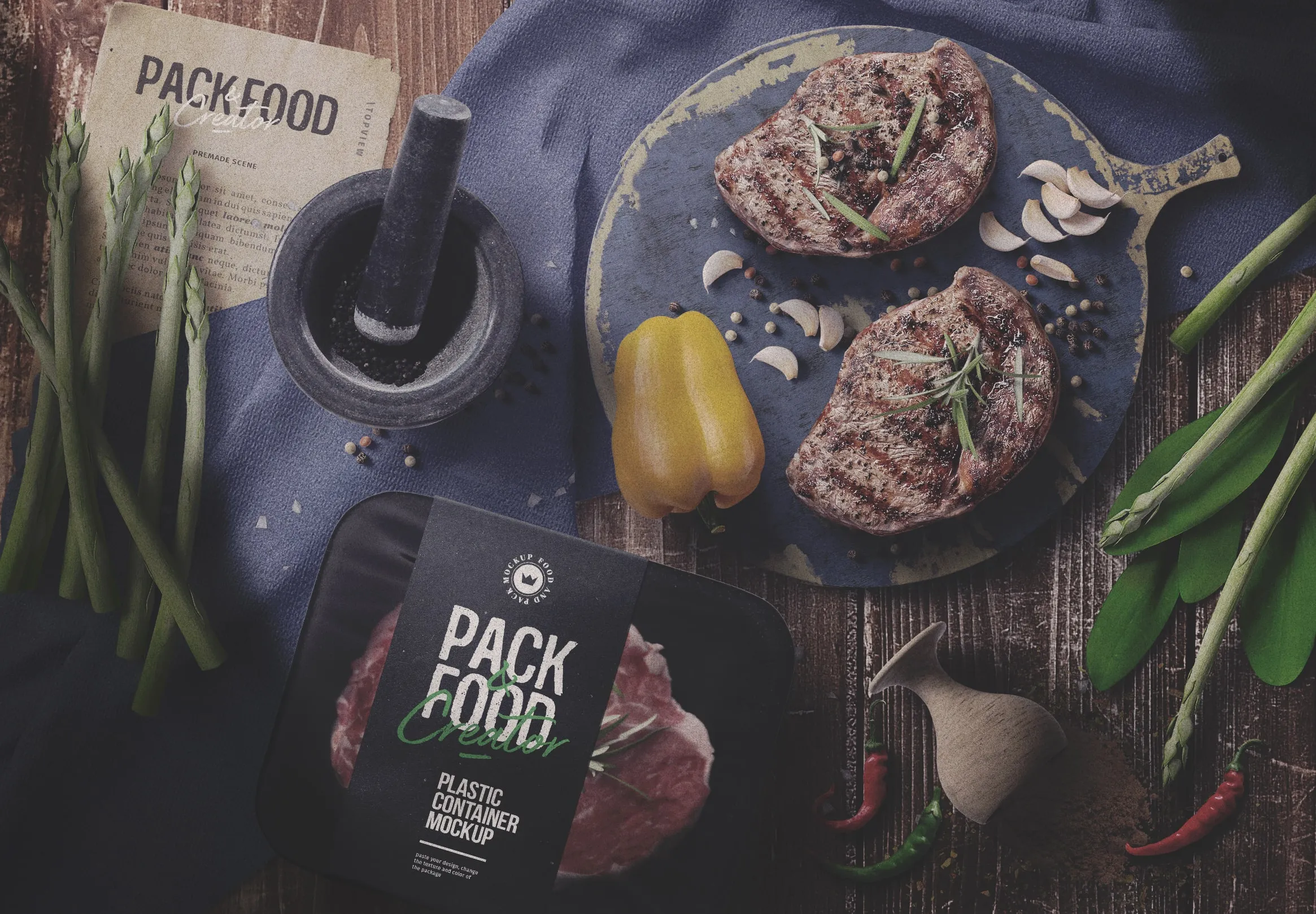 Plastik konteyner ile yemek sahnesi Mockup Üst Görünüm |