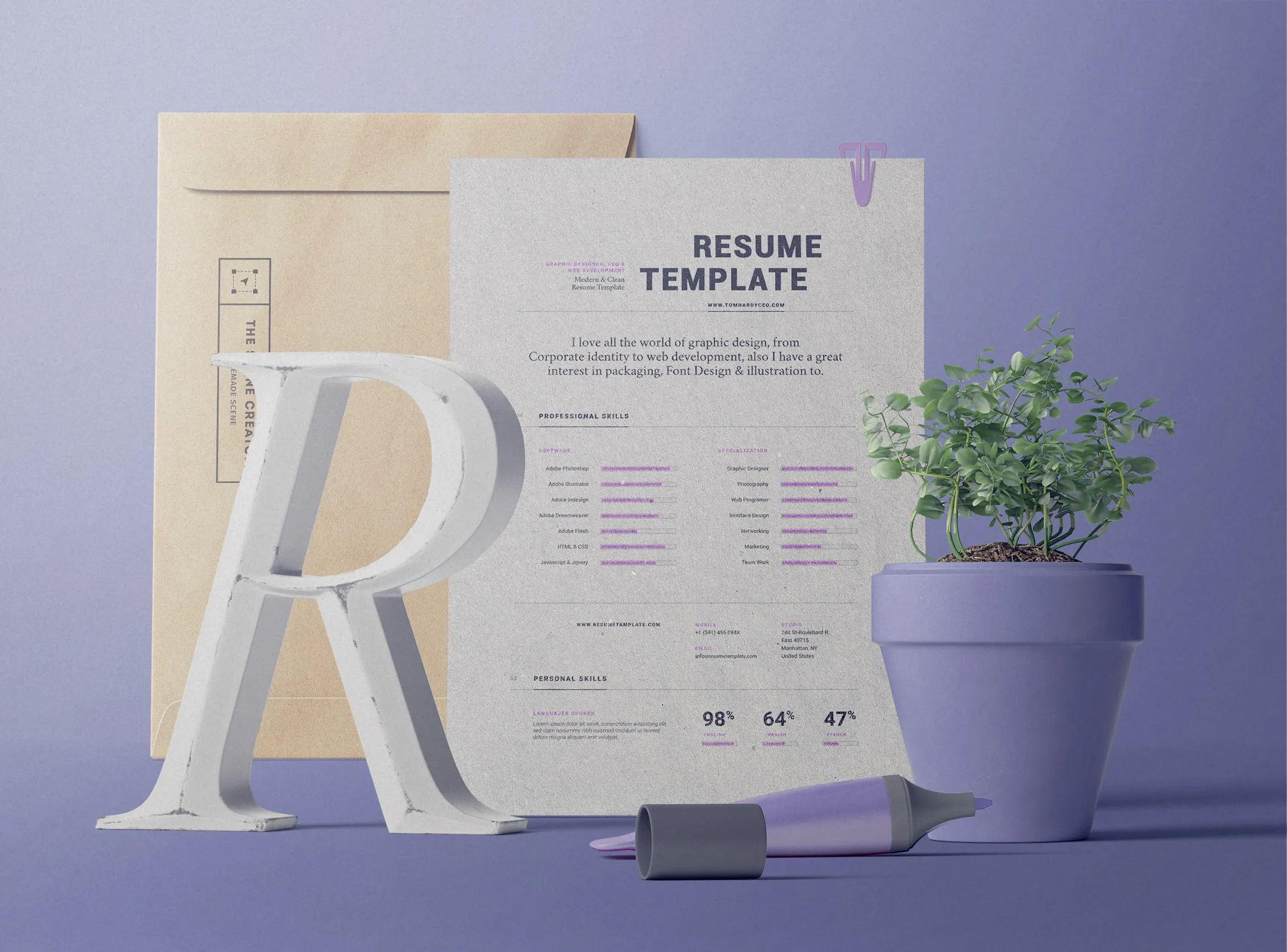 Rezume Kağıt ve Klasörler Ön Görünüm Mockup |