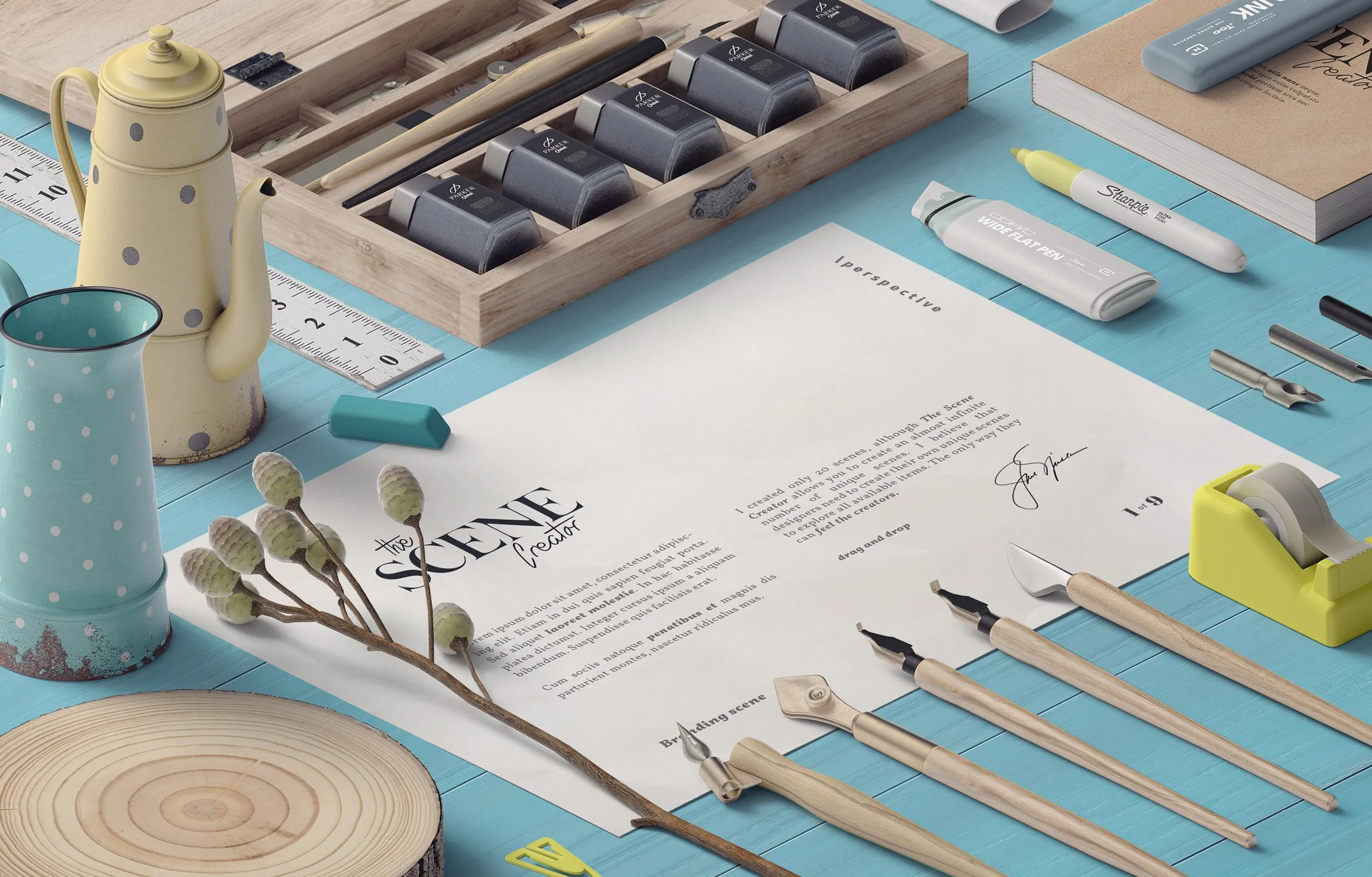Yazı ve Kağıt Mockup İzometrik için ayarlanmış |