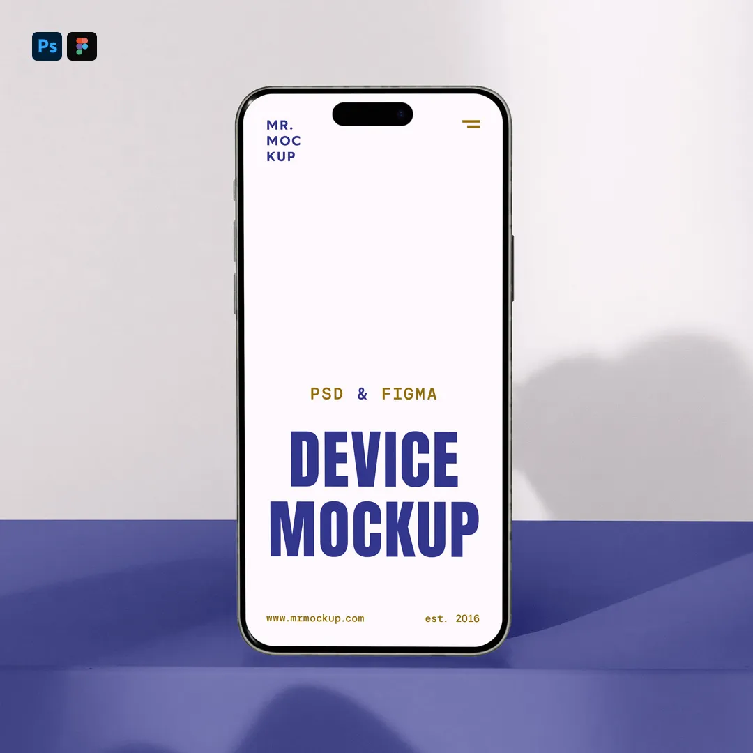 Ücretsiz ön görünüm ayakta iPhone 16 Pro Mockup - Mr.Mockup