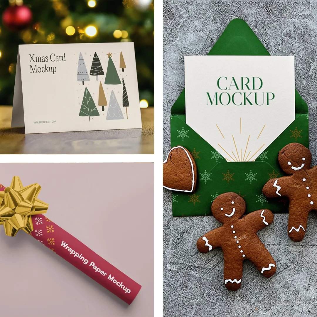 Ücretsiz Noel kartı ve ambalaj kağıdı maketleri - Mr.Mockup