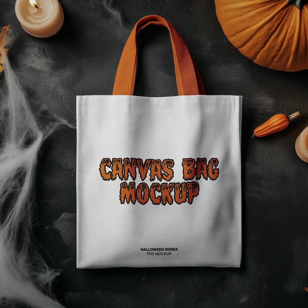 Ücretsiz Top View Cadılar Bayramı Tuval Çantası Mockup - Mr.Mockup