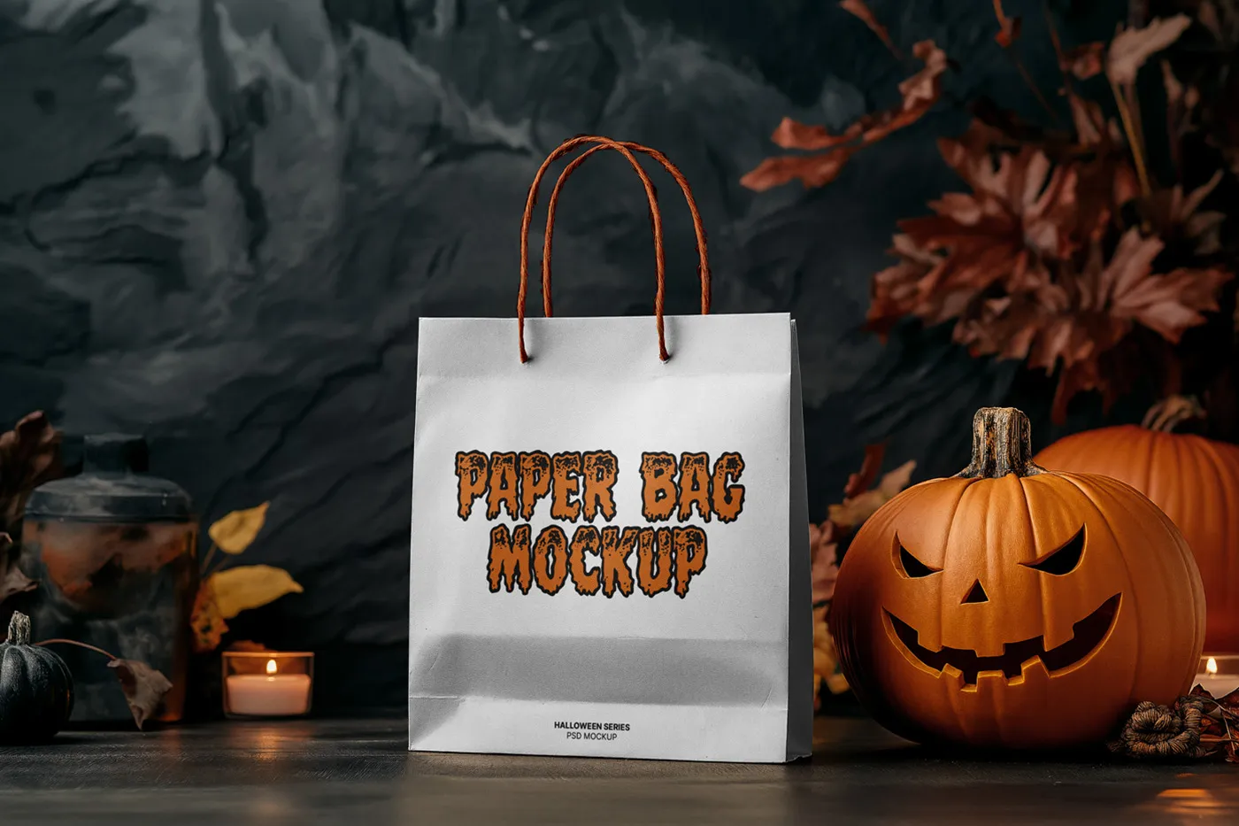 Ücretsiz ön görünüm Cadılar Bayramı Kağıt Çantası Mockup - Mr.Mockup