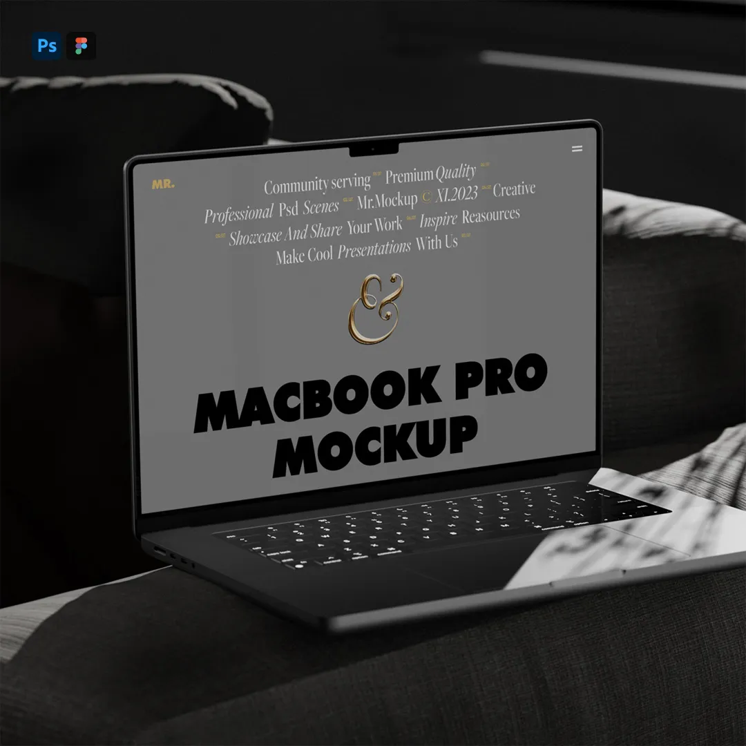 Settee Mockup'ta Ücretsiz MacBook Pro - Mr.Mockup