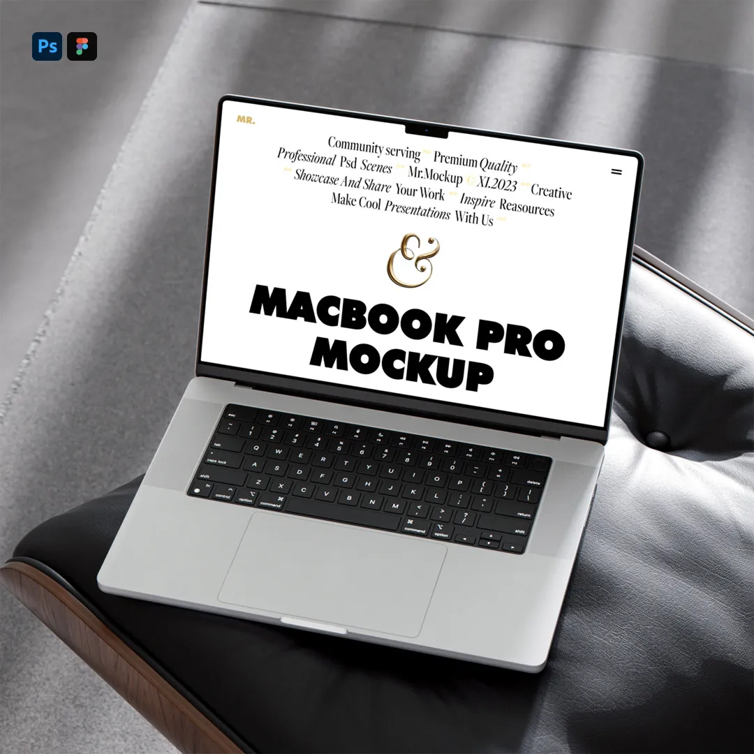 Sandalye Mockup'ta Ücretsiz MacBook Pro - Mr.Mockup