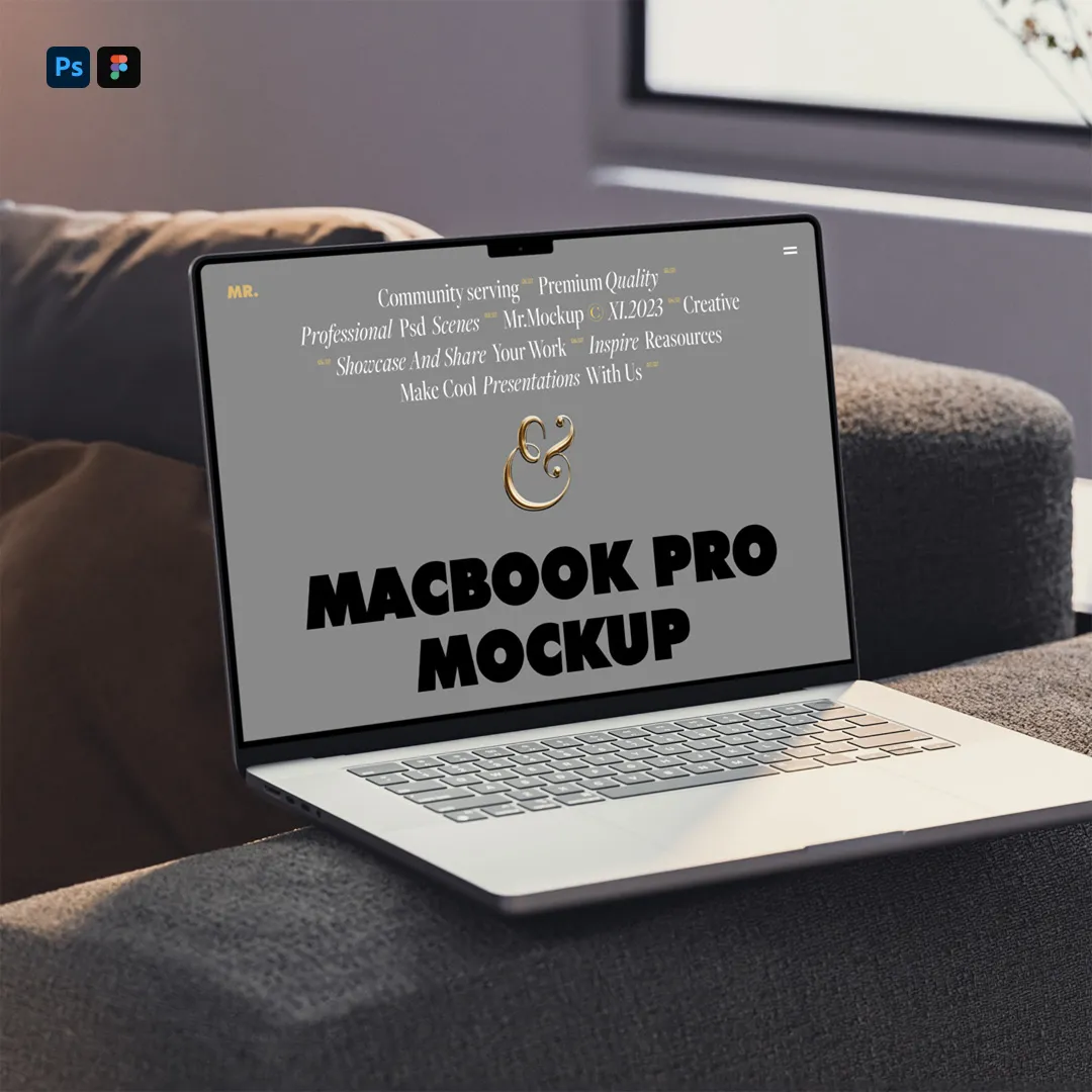 Couch Mockup'ta Ücretsiz MacBook Pro - Mr.Mockup