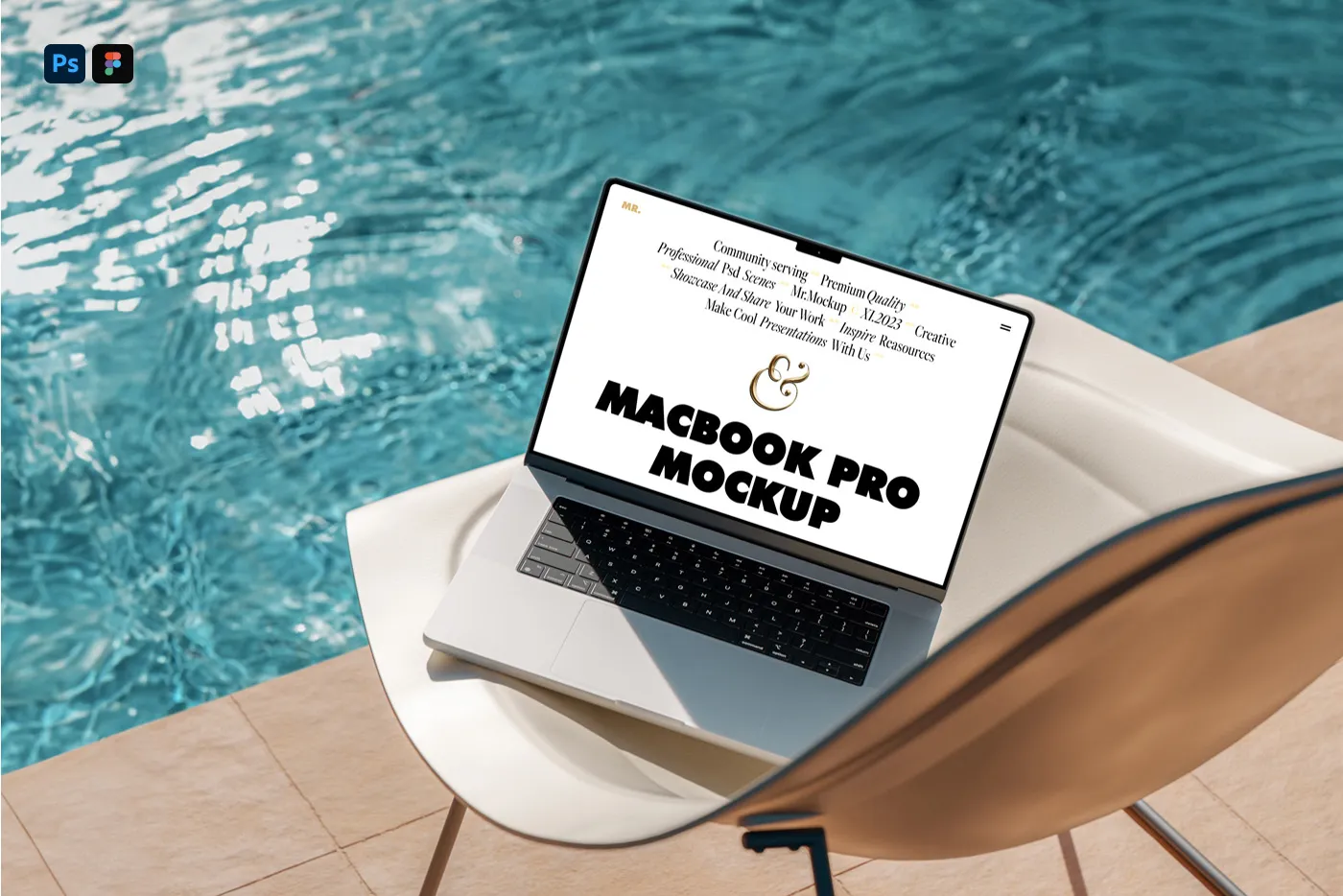 Havuz Mockup'ta Ücretsiz MacBook Pro - Mr.Mockup