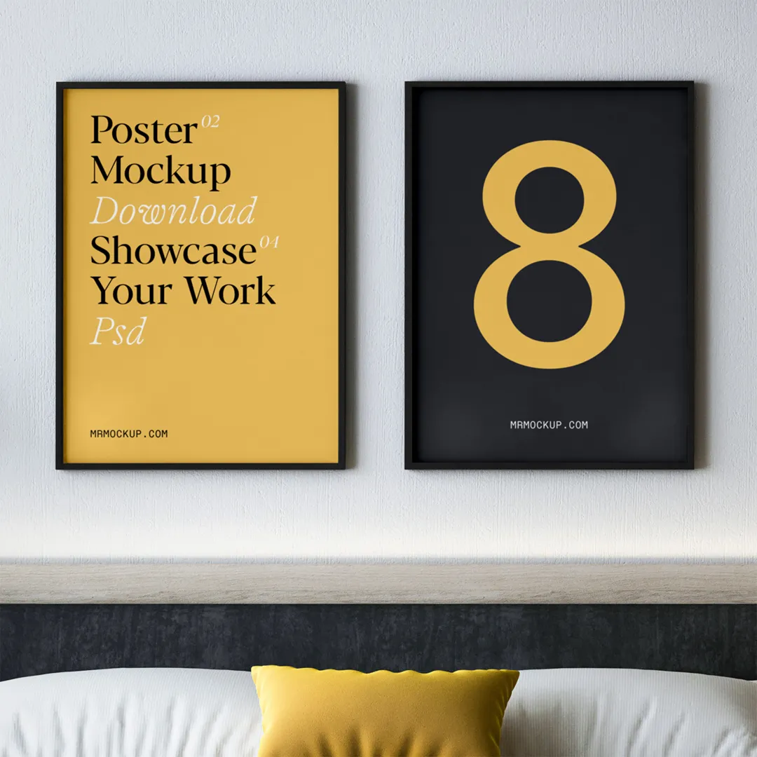 Yatak Odasında Ücretsiz İki Poster Mockup - Mr.Mockup