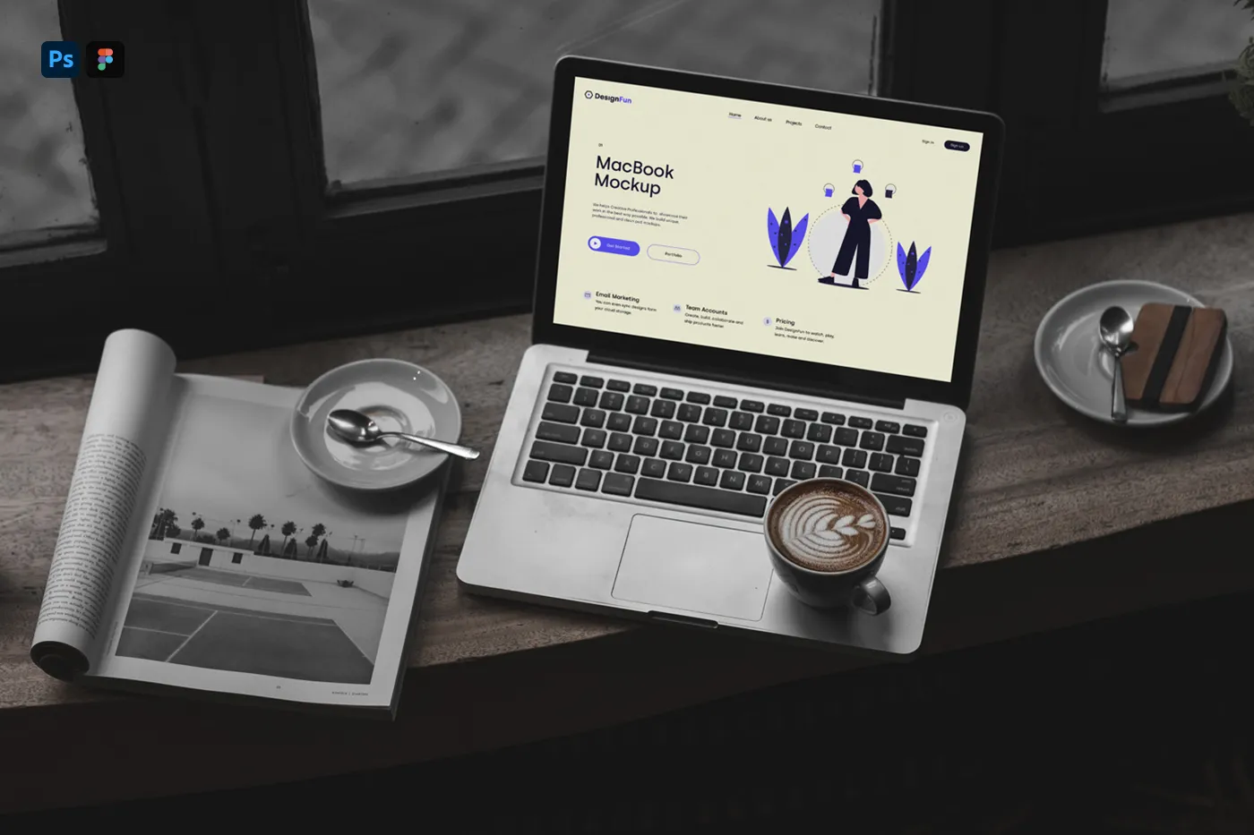 Cafe Mockup'ta Ücretsiz MacBook - Mr.Mockup