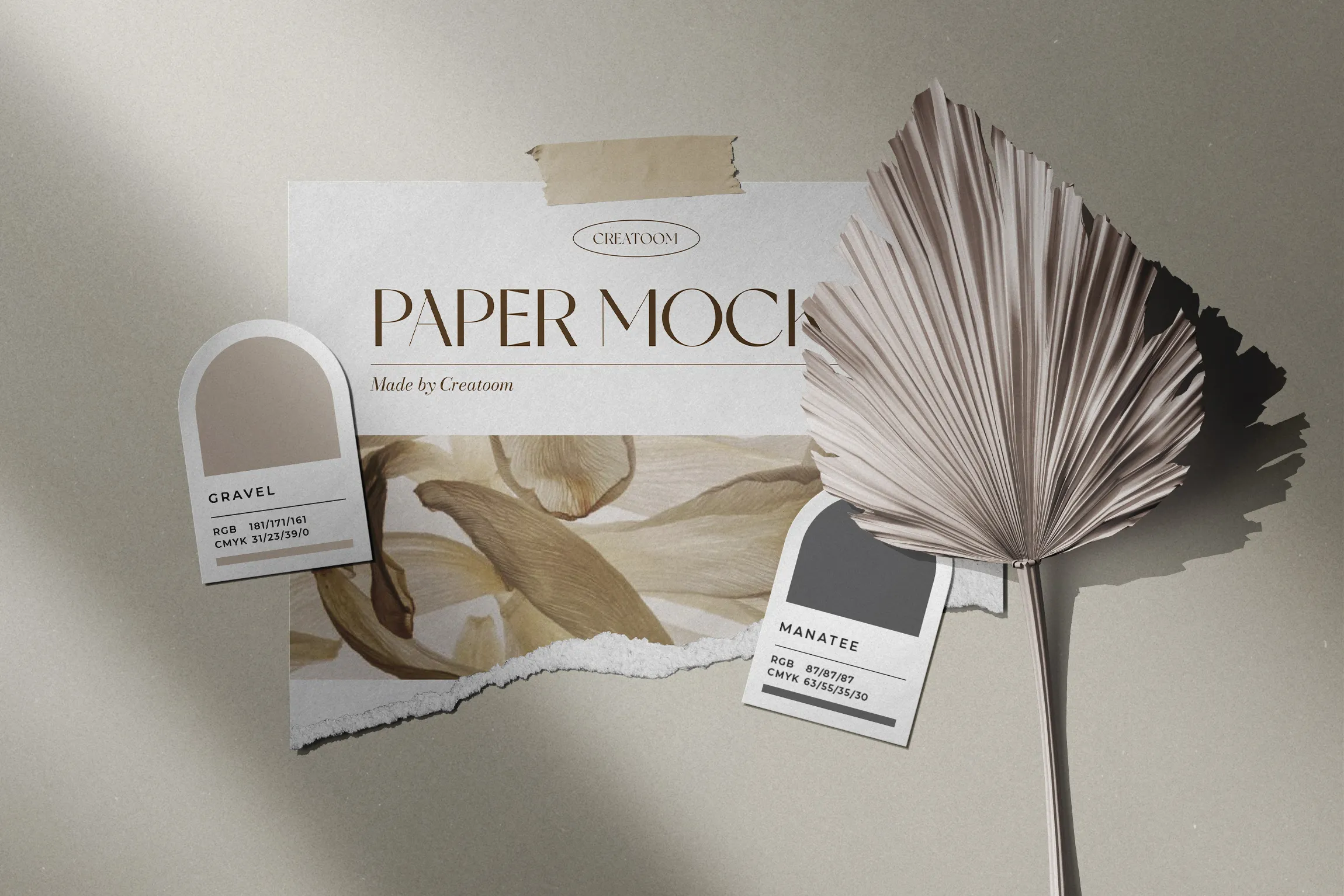 Moodboard Kağıt Renk Palete Mockup ile Kuru Palmiye Şubesi |