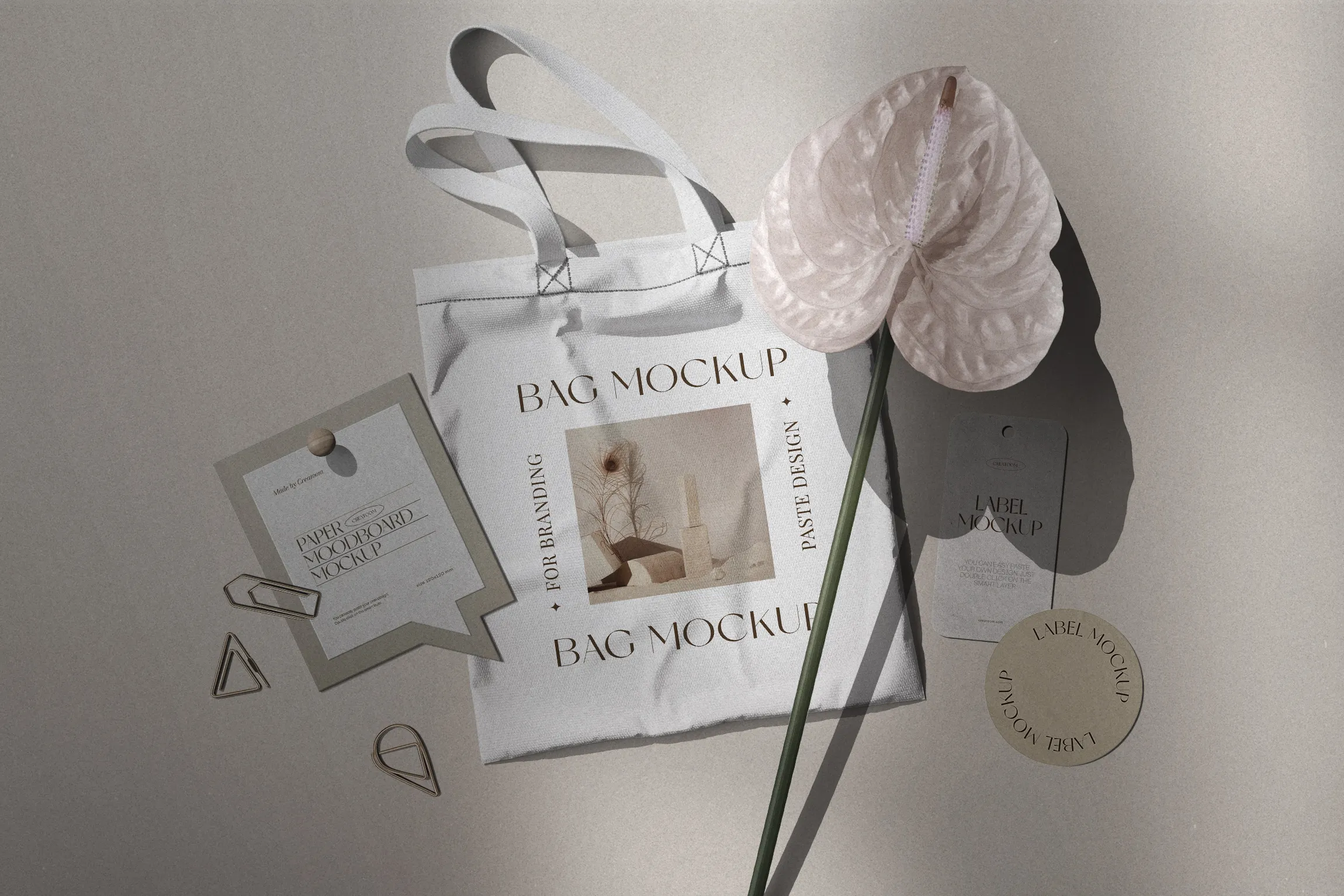 Kumaş çantası Mockup ve Çiçek ile Marka Moodboard |
